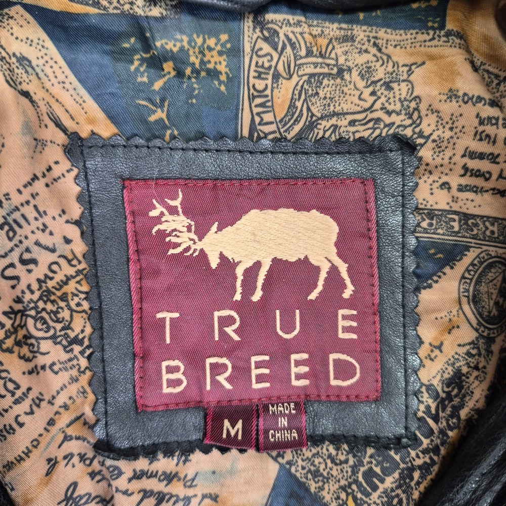 True Breed Mens Black Leather Bomber Jacket Vintage Map Lining Size M - Picture 5 of 13